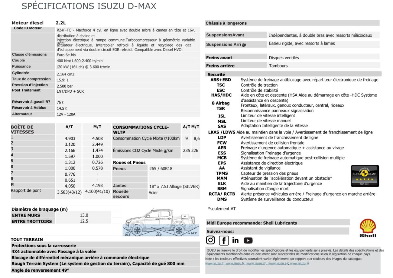 Mandataire ISUZU D-MAX NOUVEAU  2.2L CREW EVOLUTION BVM6