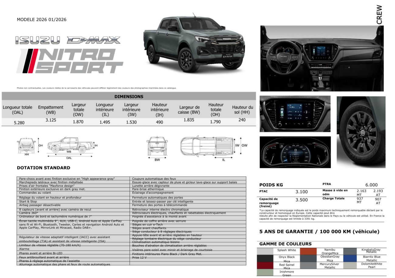 Mandataire ISUZU D-MAX NOUVEAU 2.2L CREW NITRO SPORT