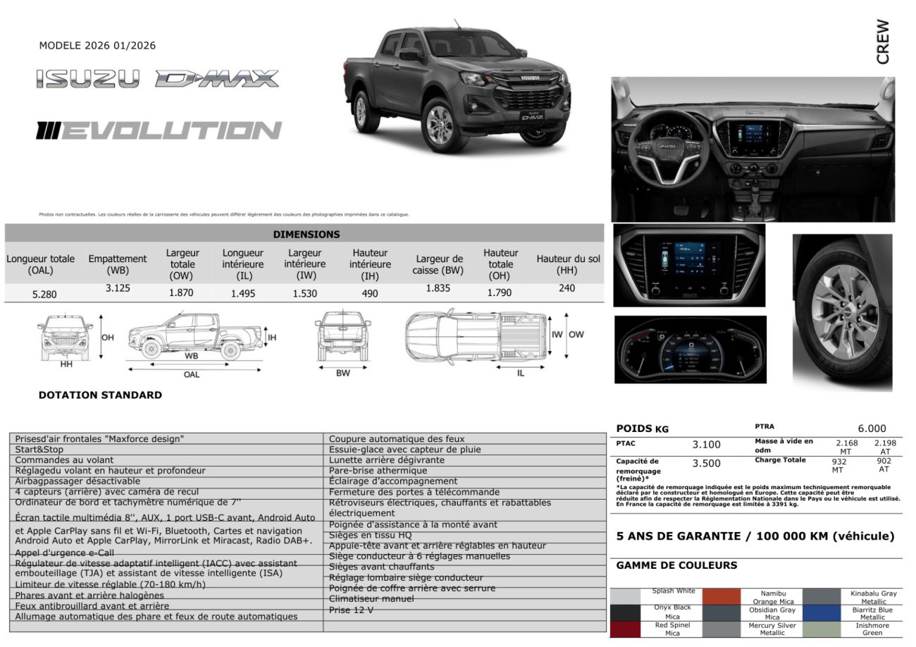 Mandataire ISUZU D-MAX NOUVEAU  2.2L CREW EVOLUTION BVM6